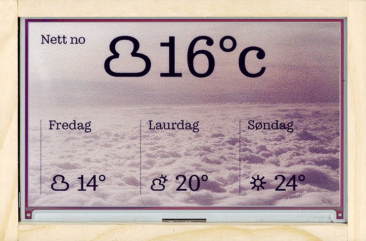E-ink display in wooden frame displaying a set of pretty gray weather conditions.