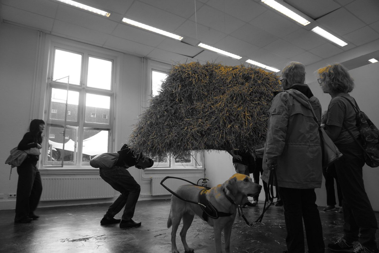 A group of visitors with visual impairments explore the sculpture through touch and smell, with a guide dog standing nearby.