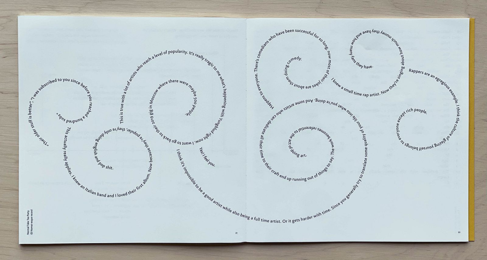 Spread of book. Sentences are arranged in spiral-shapes, responses to a sentence emerging from its respective spiral.