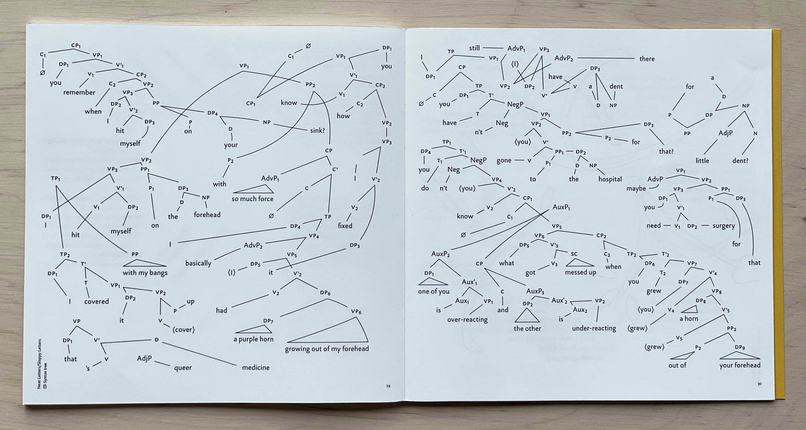 Spread of book. Syntax trees, diagram-like structures are arranged loosely in a way resembling a map of constellations, trees intersecting, aligning, and following paths rather than the logical structure they were made for.
